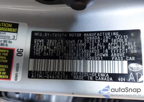 2016 Toyota Corolla Le Plus from USA, damaged, VIN 2T1BURHE1GC580991